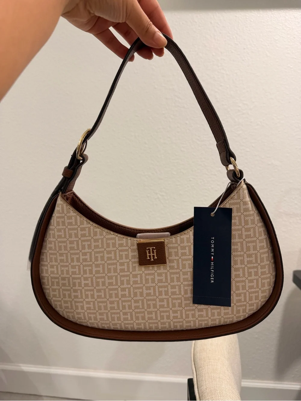 Tommy Hilfiger Beige Monogram Shoulder Bag with Brown Trim